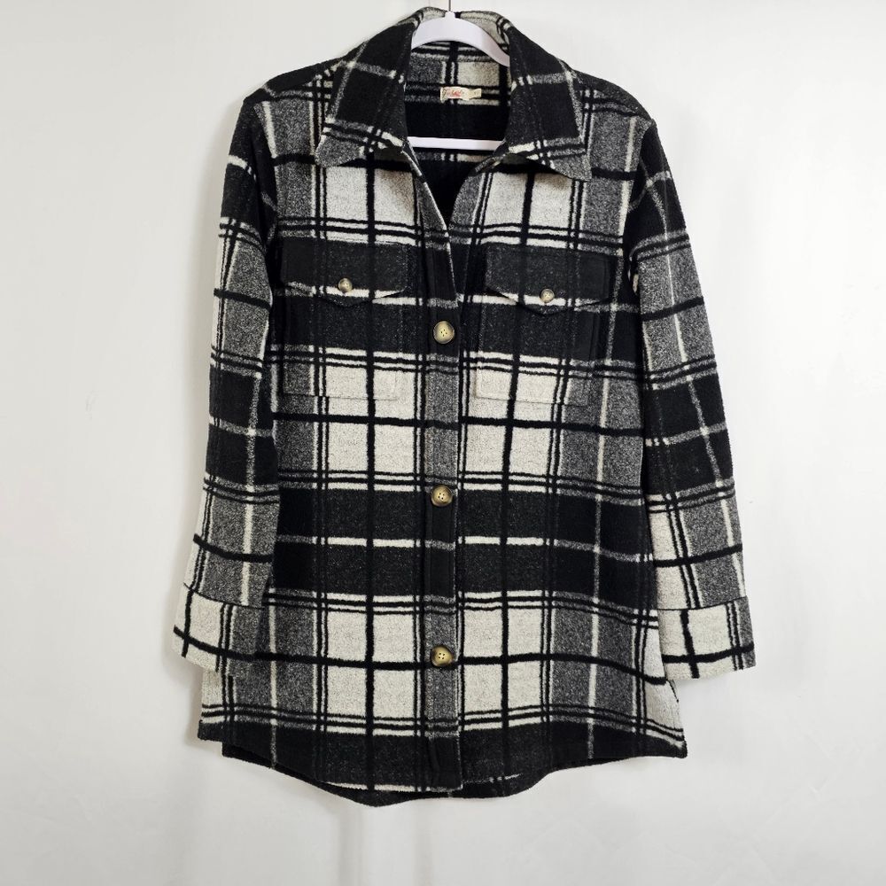 Faherty Legend Long Sleeve Sweater Overshirt in Black and White Plaid - Size S